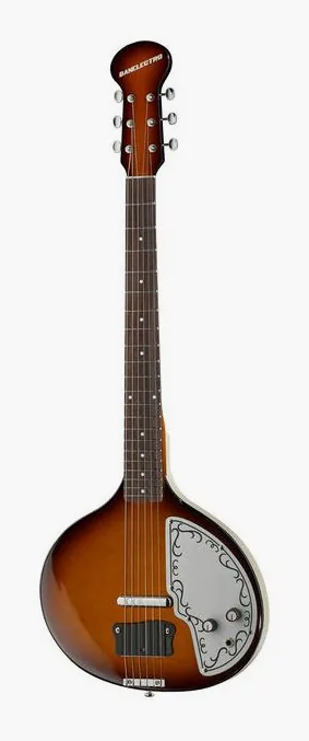 Danelectro DBS68 Reissue Baby Sitar VS encuadrado de frente sobre fondo neutro
