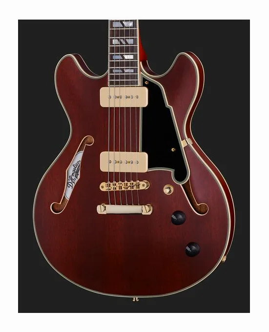 DAngelico Deluxe Mini DC Satin Honey, pala con clavijeros y logotipo