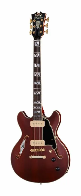 DAngelico Deluxe Mini DC Satin Honey encuadrado de frente sobre fondo neutro