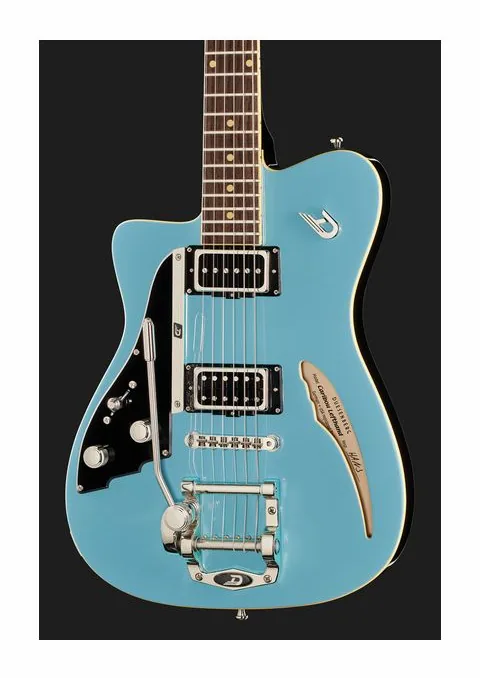 Duesenberg Caribou LH Narvik Blue, pala con clavijeros y logotipo