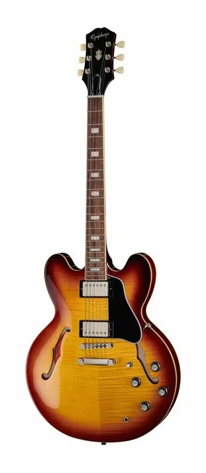 Epiphone ES-335 Cherry LH encuadrado de frente sobre fondo neutro