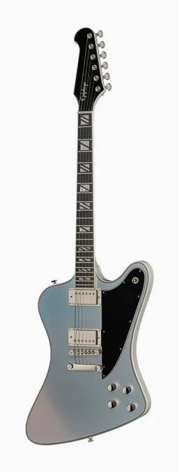 Epiphone Futura Firebird Custom QS encuadrado de frente sobre fondo neutro