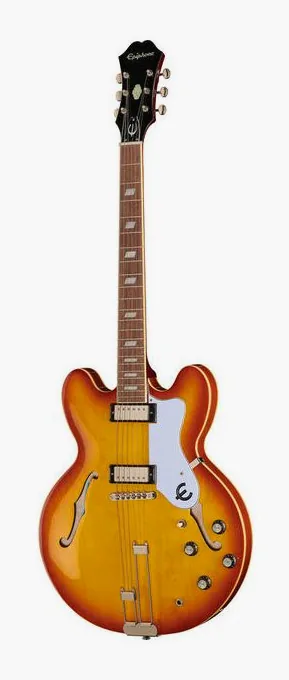 Epiphone Riviera Royal Tan encuadrado de frente sobre fondo neutro