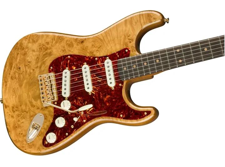 Fender Artisan Maple Burl Strat AN, pala con clavijeros y logotipo