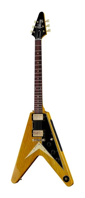 Gibson 58 Korina Flying V BG VOS encuadrado de frente sobre fondo neutro