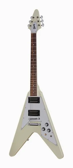 Gibson 70s Flying V Antique Natural encuadrado de frente sobre fondo neutro
