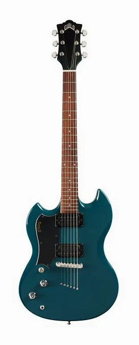 Guild Polara LH Blue Steel encuadrado de frente sobre fondo neutro