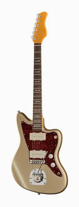 Larry Carlton J5 Champagne Gold Metallic encuadrado de frente sobre fondo neutro