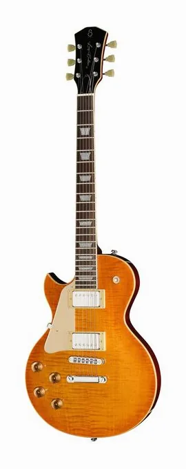 Larry Carlton L5 Amber Burst LH encuadrado de frente sobre fondo neutro