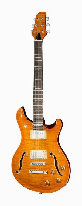 Larry Carlton Q7 Hollow Amber Burst encuadrado de frente sobre fondo neutro