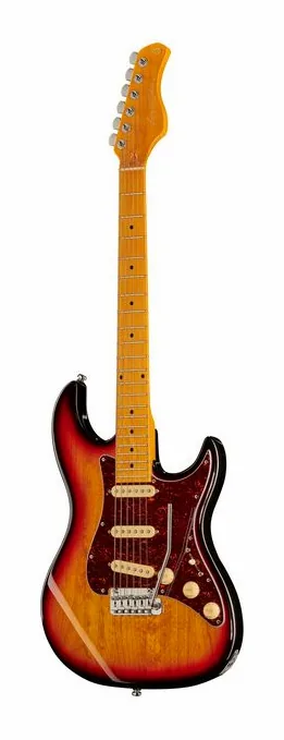 Larry Carlton S5 3-Tone Sunburst encuadrado de frente sobre fondo neutro