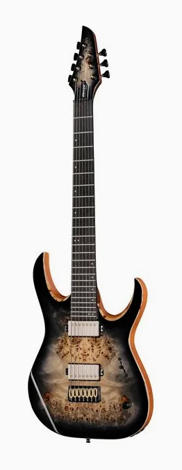 Mayones Guitars Duvell Elite 7 Baritone TBB en primer plano frontal