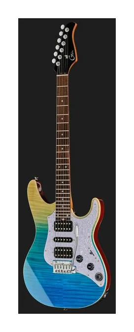 Mooer GTRS Soloist 810 Purple Burst, pala con clavijeros y logotipo