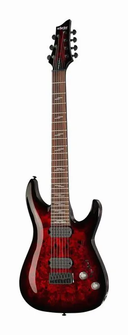 Schecter Omen Elite-7 MS Black Cherry encuadrado de frente sobre fondo neutro