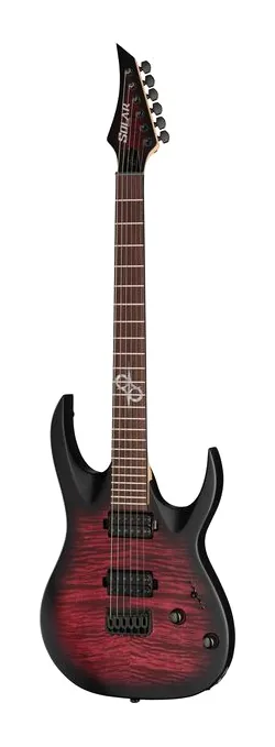 Solar Guitars AB2.6Red Burst LTD encuadrado de frente sobre fondo neutro
