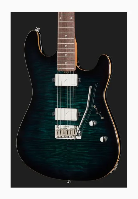 Sterling by Music Man Sabre Deep Blue Burst, curvas del cuerpo vistas desde arriba